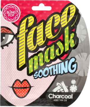 Bling Pop Soothing Charcoal Face Mask, różowo-czarna saszetka z pop-artową grafiką twarzy, przód.