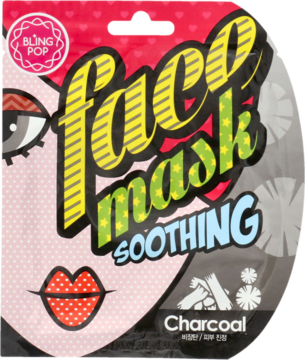 Bling Pop Soothing Charcoal Face Mask, różowo-czarna saszetka z pop-artową grafiką twarzy, przód.