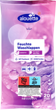 Różowe opakowanie Alouette Feuchte Waschlappen Sensitiv (20 sztuk), na tle kropli wody. Z przodu informacja: Produkt zawiera plastik.