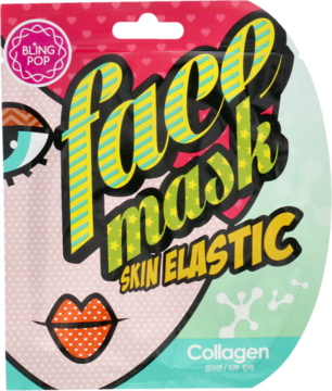 Różowa saszetka maseczki do twarzy Bling Pop z grafiką kobiety, napis "face mask Skin Elastic Collagen", widok z przodu.