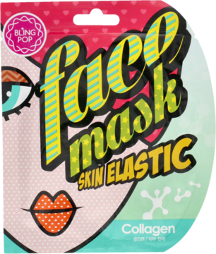 Różowa saszetka maseczki do twarzy Bling Pop z grafiką kobiety, napis "face mask Skin Elastic Collagen", widok z przodu.