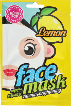 Bling Pop Lemon maska rozświetlająca, żółte opakowanie z grafiką twarzy i cytryny, widok z przodu.