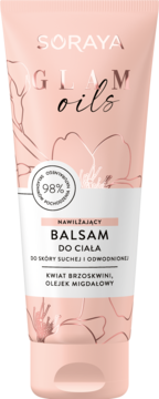 Różowa tubka Soraya Glam Oils nawilżającego balsamu do ciała z kwiatem brzoskwini i olejkiem migdałowym, widok z przodu.