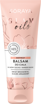 Balsam Soraya Glam Oils do suchej skóry, różowa tubka z metalicznym wzorem, brzoskwinia i argan, widok z przodu.