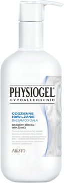 Physiogel Codzienne Nawilżanie Balsam do ciała, biała butelka z pompką, widok z przodu, do skóry suchej.