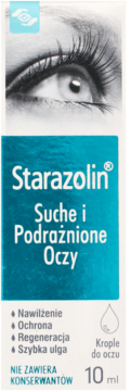 Starazolin Suche i Podrażnione Oczy, krople do oczu, biało-niebieskie pudełko z okiem, widok z przodu.