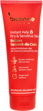 Biotinne Instant Help balsam dla skóry suchej i wrażliwej w czerwonej tubce, czołowy widok.