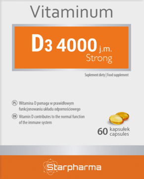 Biało-pomarańczowe pudełko suplementu Vitaminum D3 4000 j.m. Strong, wspierającego odporność, z kapsułkami.