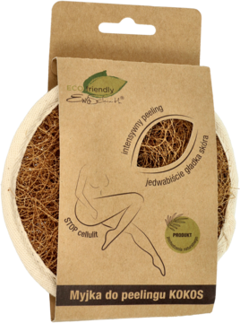Myjka kokosowa ECO do peelingu, brązowa, okrągła, z naturalnych włókien, w papierowej opasce, widok z przodu.