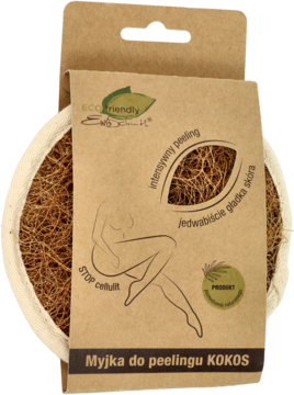 Myjka kokosowa ECO do peelingu, brązowa, okrągła, z naturalnych włókien, w papierowej opasce, widok z przodu.
