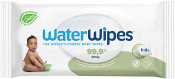 Opakowanie WaterWipes, chusteczki dla niemowląt 99,9% wody, biodegradowalne, z bobasem, widok z przodu.