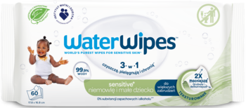 Białe opakowanie WaterWipes Sensitive chusteczki dla niemowląt, 99.9% wody, biodegradowalne, z logo i dzieckiem.