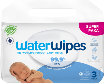 Biała paczka Waterwipes, 99,9% biodegradowalnych chusteczek dla dzieci, z napisem 'SUPER PAKA' i śpiącym niemowlakiem.