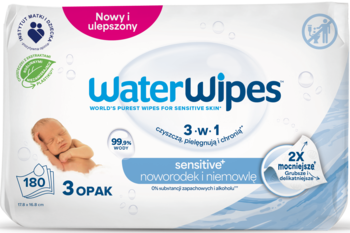 Biało-niebieskie opakowanie biodegradowalnych chusteczek WaterWipes Sensitive dla niemowląt, 99,9% wody, widok z przodu.