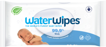 WaterWipes, the world's purest baby wipes, white pack with blue oval, sleeping baby, 99.9% water, front view.