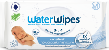 WaterWipes Sensitive chusteczki nawilżane dla noworodków, biała paczka z niemowlęciem, 60 szt.