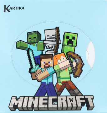 Niebieska okładka gry Minecraft, widok z przodu. Zawiera postacie: Steve, Alex, zombie, szkielet, Creeper i logo.