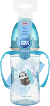 Canpol babies training spout cup, blue handles, front view, sloth surfing design, silicone, BPA free, 6m+.