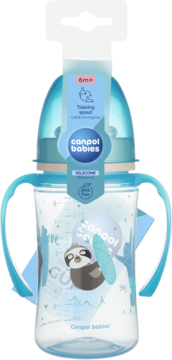 Canpol babies training spout cup, blue handles, front view, sloth surfing design, silicone, BPA free, 6m+.