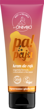 Onlybio krem do rąk Papaja w tubce, różowo-pomarańczowy design z owocem papai, widok z przodu.