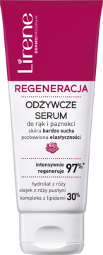 Lirene Regeneracja Odżywcze Serum do rąk i paznokci, biała tubka z różową górą, widok z przodu.