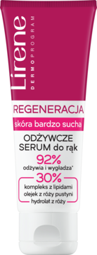 Lirene Odżywcze Serum do rąk Regeneracja. Biało-różowa tubka z 30% kompleksem lipidów i róży, widok przodem.