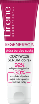 Lirene Odżywcze Serum do rąk Regeneracja. Biało-różowa tubka z 30% kompleksem lipidów i róży, widok przodem.