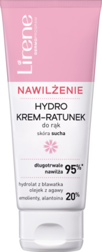 Lirene Hydro Krem-Ratunek, nawilżający krem do rąk do skóry suchej w białej tubie z różowym topem, widok z przodu.