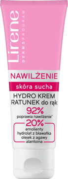 Lirene DERMOPROGRAM Hydro Krem Ratunek do rąk, różowa tubka z białą etykietą, nawilżający z agawą i alantoiną.