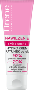 Lirene DERMOPROGRAM Hydro Krem Ratunek do rąk, różowa tubka z białą etykietą, nawilżający z agawą i alantoiną.