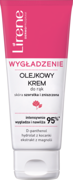 Różowo-biała tubka Lirene Wygładzający Olejkowy Krem do rąk, widok z przodu, dla szorstkiej i zniszczonej skóry.