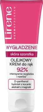 Lirene DermoProgram Olejkowy krem do rąk wygładzający, różowa tubka, widok z przodu, dla skóry szorstkiej.