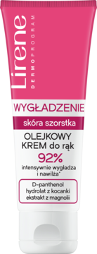 Lirene DermoProgram Olejkowy krem do rąk wygładzający, różowa tubka, widok z przodu, dla skóry szorstkiej.