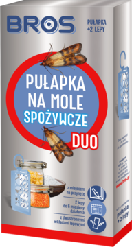 BROS Pułapka na mole spożywcze DUO, srebrne pudełko z motywem moli, logo i opisem, widok z przodu.