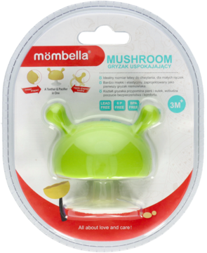 Mombella Mushroom, zielony gryzak uspokajający w kształcie grzybka z uchwytami, w blistrze, widok z przodu.
