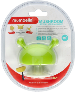 Mombella Mushroom, zielony gryzak uspokajający w kształcie grzybka z uchwytami, w blistrze, widok z przodu.