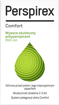 Perspirex Comfort antyperspirant roll-on, białe opakowanie z zieloną kroplą, widok z przodu, działanie 2-3 dni.