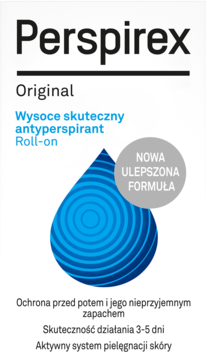 Perspirex Original, wysoce skuteczny antyperspirant roll-on z nową ulepszoną formułą. Białe opakowanie, widok z przodu.