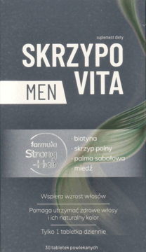 Skrzypo Vita Men suplement diety na włosy, ciemne pudełko z formułą Strong-Hair i zielonym liściem, widok z przodu.