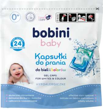 Opakowanie hipoalergicznych kapsułek do prania Bobini Baby do bieli i kolorów, 24 szt., z wizerunkiem niemowlaka.