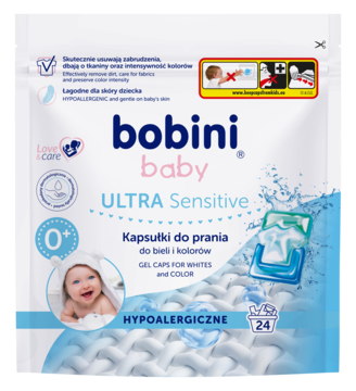 Biało-niebieska torba strunowa Bobini Baby ULTRA Sensitive 0+ hipoalergiczne kapsułki do prania, widok z przodu.
