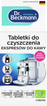 Dr. Beckmann Tabletki do czyszczenia ekspresów, białe pudełko z ekspresem, usuwa tłuszcz kawowy. Widok z przodu.
