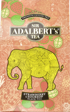 Adalbert's Strawberry & Soursop Black Tea, pomarańczowy karton z dużym, żółtym, ozdobnym słoniem.