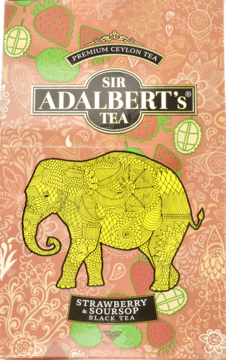 Adalbert's Strawberry & Soursop Black Tea, pomarańczowy karton z dużym, żółtym, ozdobnym słoniem.