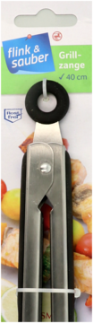 Flink&Sauber szczypce do grilla, metalowe z czarnymi uchwytami, 40 cm, na opakowaniu z jedzeniem, widok z przodu.