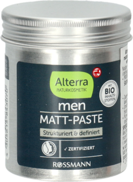 Alterra men MATT-PASTE w srebrnym, metalowym słoiku z ciemnoszarą etykietą i zielonym logo, widok z przodu.