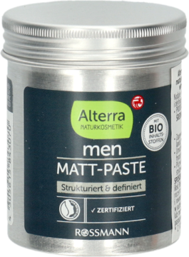 Alterra men MATT-PASTE w srebrnym, metalowym słoiku z ciemnoszarą etykietą i zielonym logo, widok z przodu.
