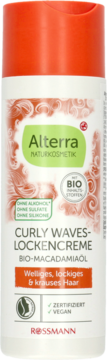 Alterra Curly Waves Lockencreme z BIO-Macadamiaöl, biała butelka, do włosów kręconych, widok z przodu.