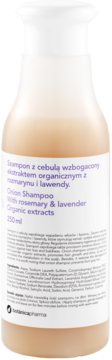 Tył białej butelki szamponu Botanicapharma Onion z rozmarynem i lawendą, 250ml, lista składników.