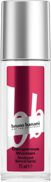 Bruno Banani Dangerous Woman dezodorant w sprayu 75 ml, przezroczysta butelka z różową etykietą, widok z przodu.